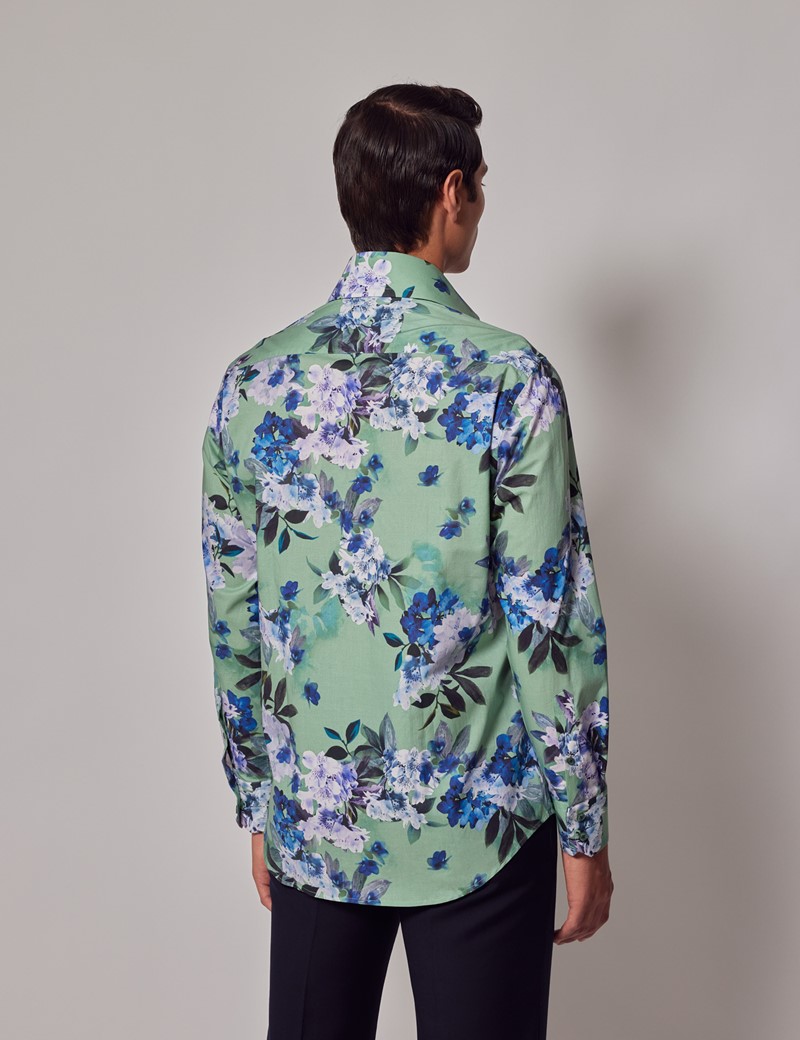 Green & White Floral Slim Shirt - High Collar