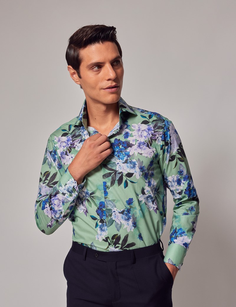 Green & White Floral Slim Shirt - High Collar