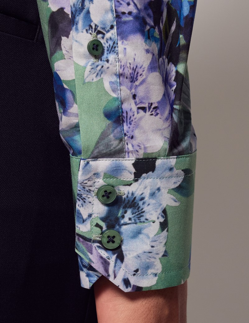 Green & White Floral Slim Shirt - High Collar