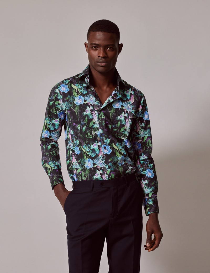 Men's Black & Green Floral Slim Shirt - High Collar | Hawes & Curtis