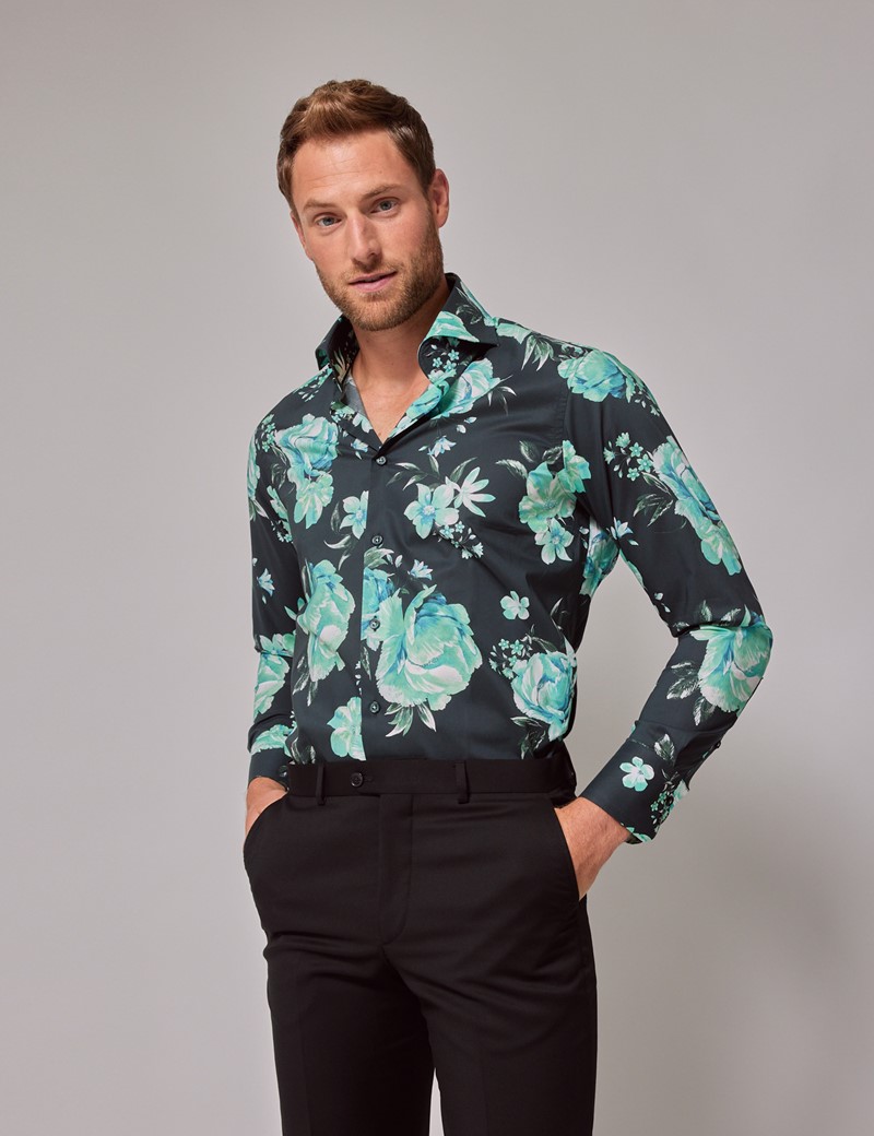 Men's Green Floral Slim Shirt - High Collar | Hawes & Curtis