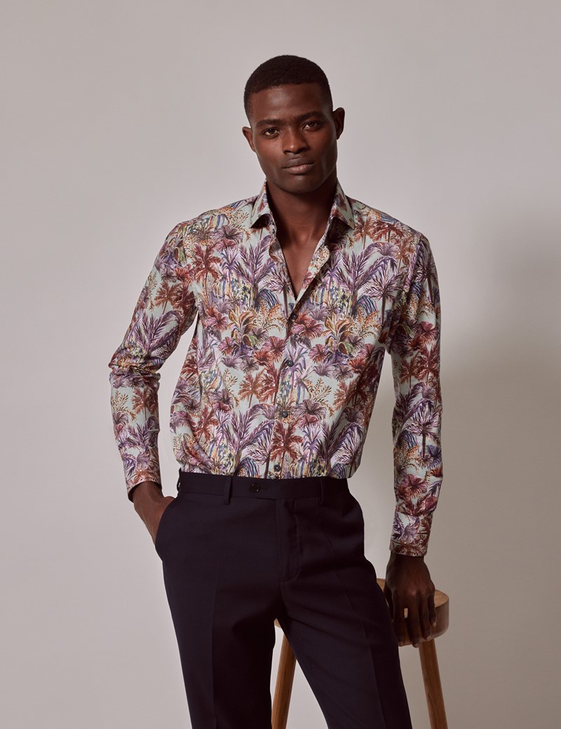 Men's Green & Purple Floral Slim Shirt - High Collar