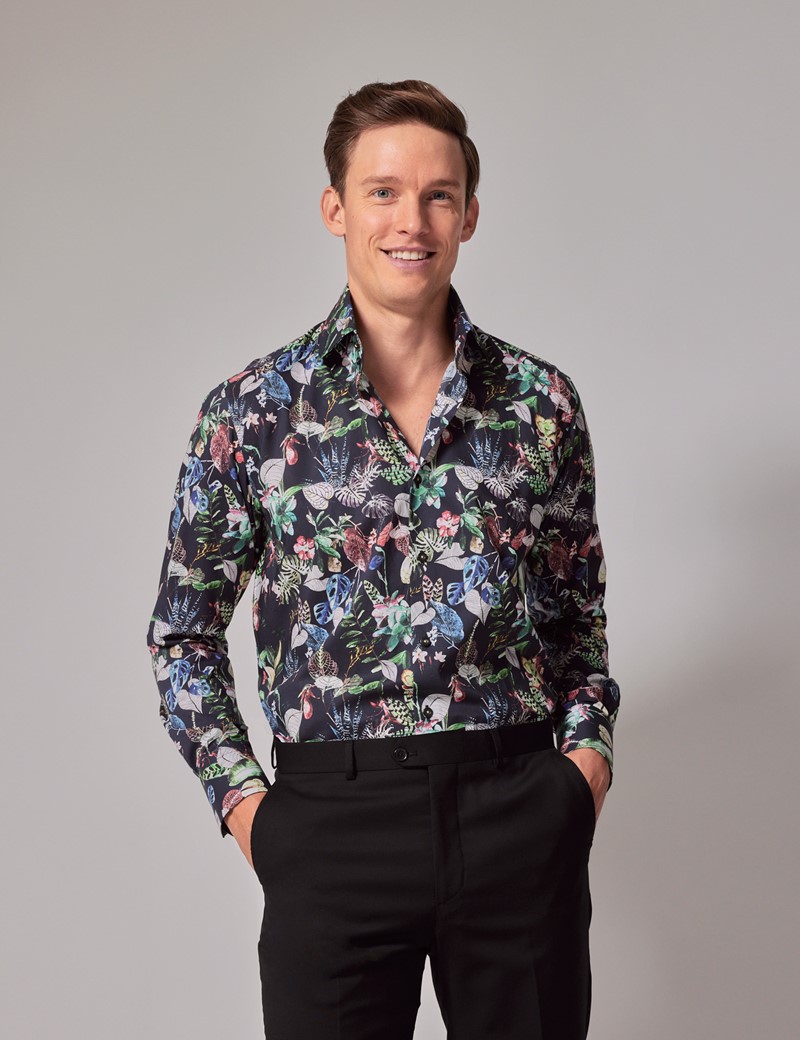 Men's Navy & Green Leafy Floral Slim Shirt - High Collar | Hawes & Curtis