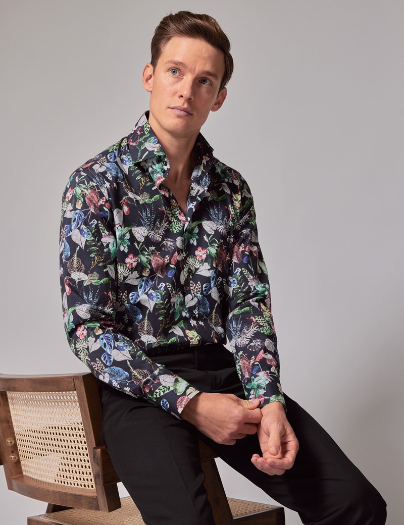 Men's Navy & Green Leafy Floral Slim Shirt - High Collar | Hawes & Curtis