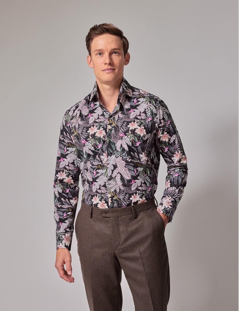 Men's Green & White Floral Slim Shirt - High Collar | Hawes & Curtis