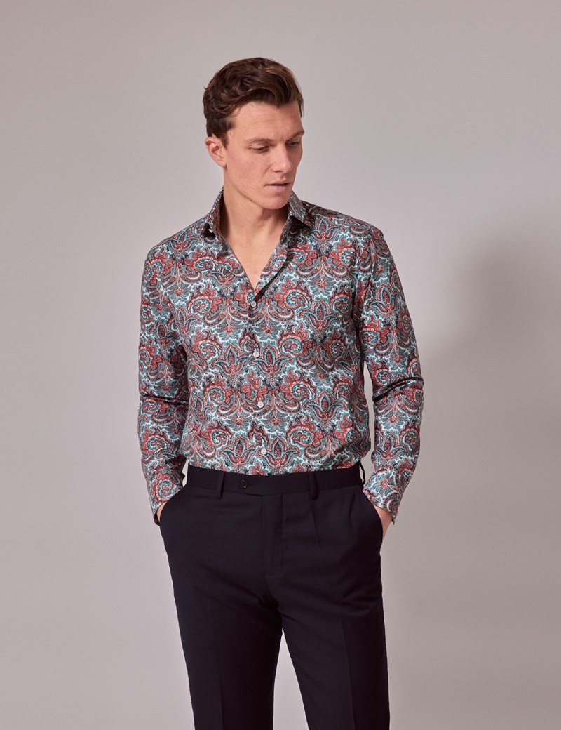 Men's White & Red Paisley Slim Shirt - High Collar | Hawes & Curtis