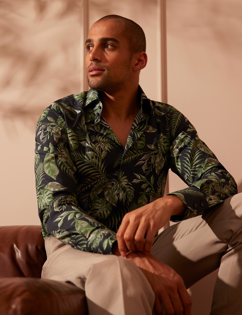 Men's Navy & Green Leaf Print Slim Shirt - High Collar | Hawes 