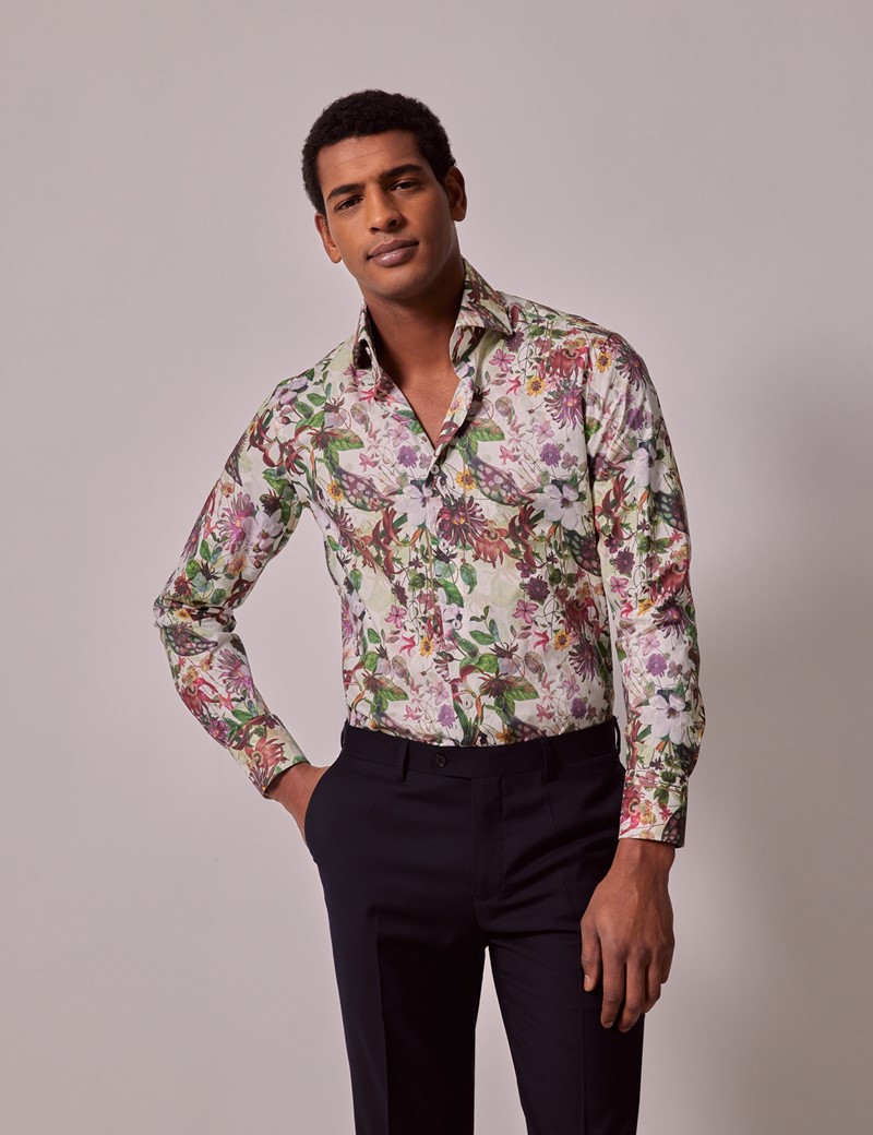 Men's White & Green Floral Slim Shirt - High Collar | Hawes & Curtis