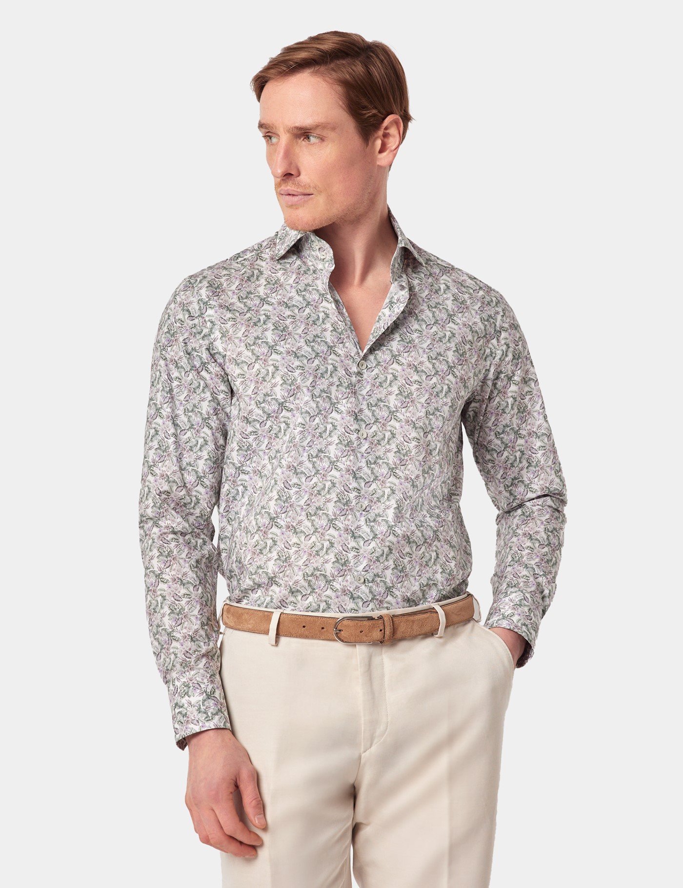 Hawes & Curtis Slim Fit Green & White Tropical Flower Curtis Shirt Size: Large | Long