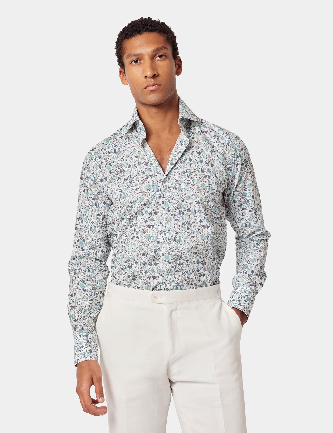 Hawes & Curtis Slim Fit White & Green Floral Curtis Shirt Size: XXXL