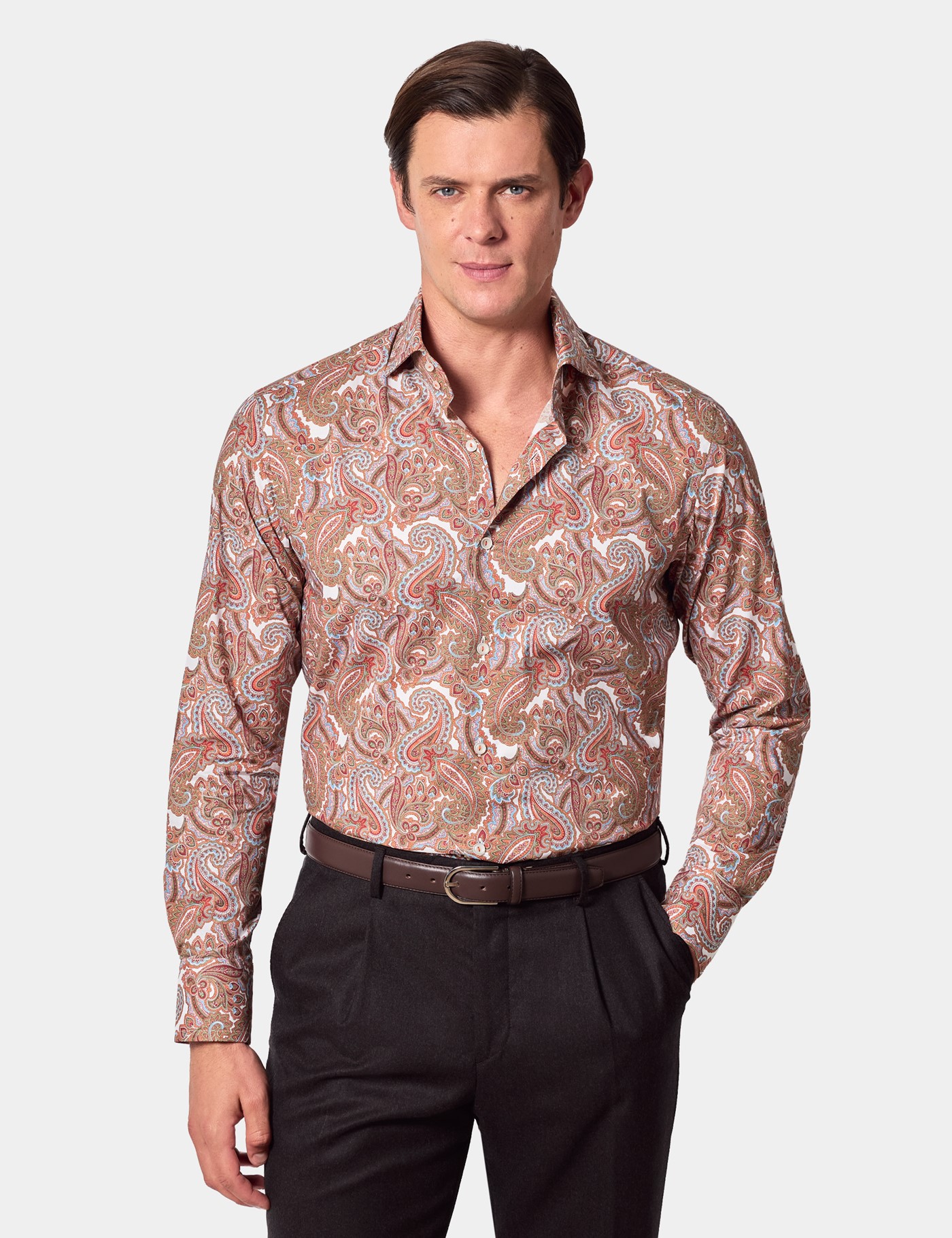 Hawes & Curtis Slim Fit Orange & Blue Paisley Curtis Shirt Size: Medium | Long
