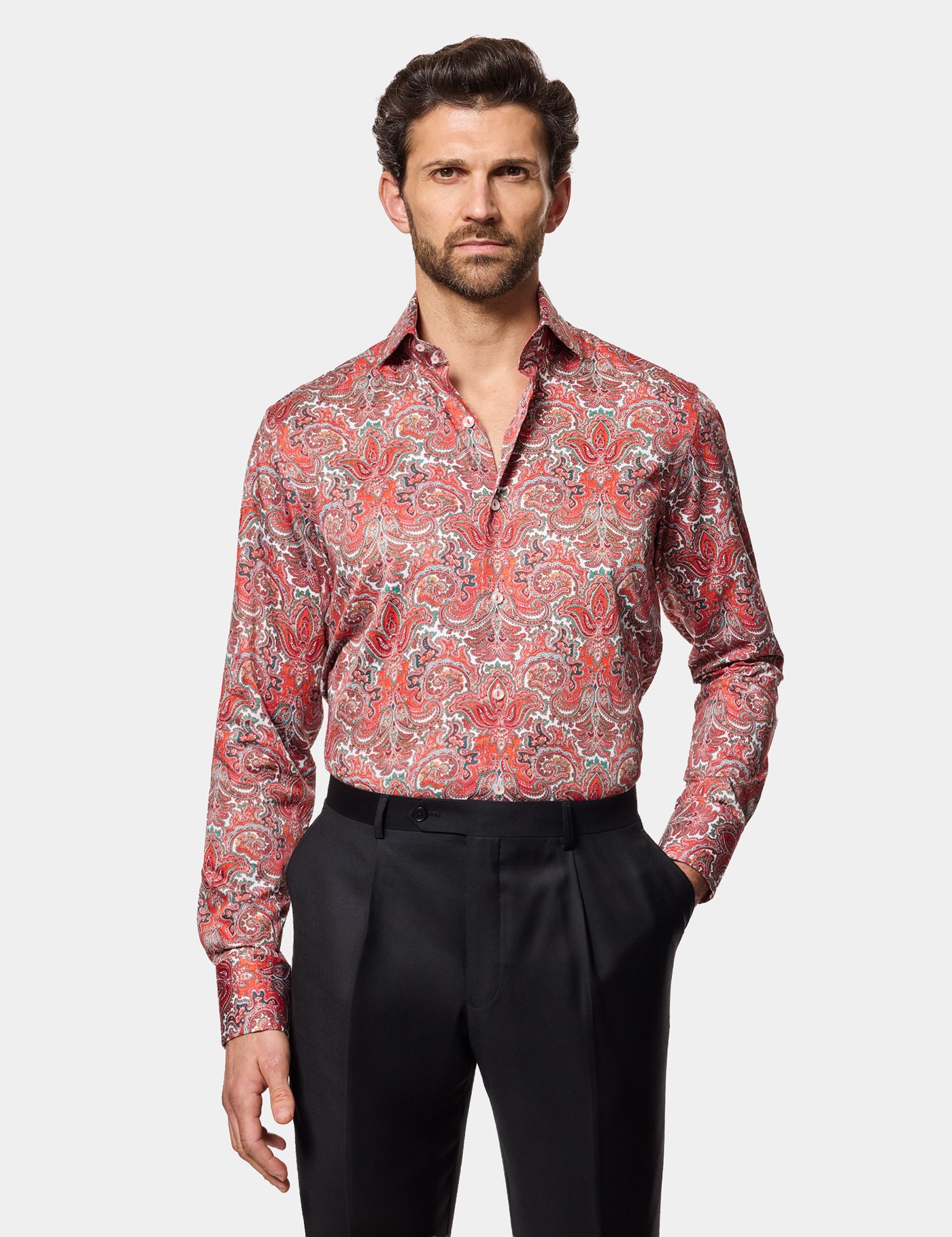 & Slim Fit & Red Paisley Shirt Long