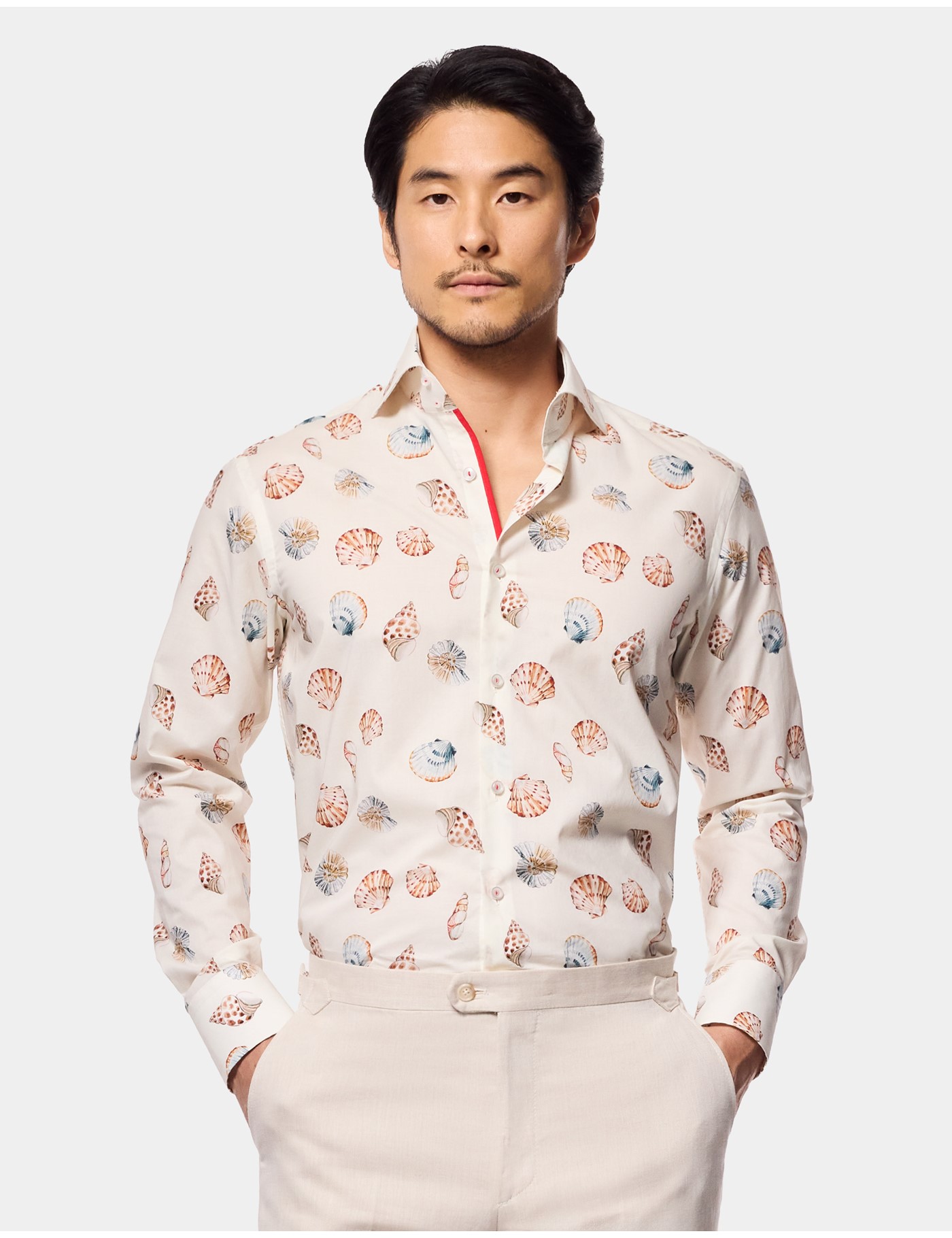 Hawes & Curtis Slim Fit Cream & Blue Seashell Curtis Shirt Size: Large | Long