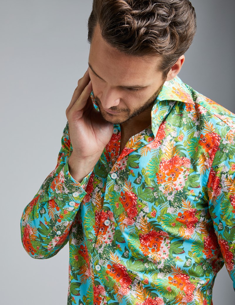 Men's Curtis Turquoise & Pink Floral Print Slim Fit Shirt - High Collar ...