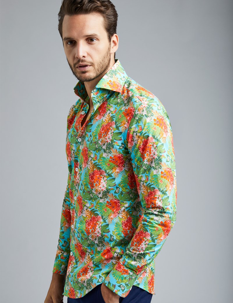 Men's Curtis Turquoise & Pink Floral Print Slim Fit Shirt - High Collar ...