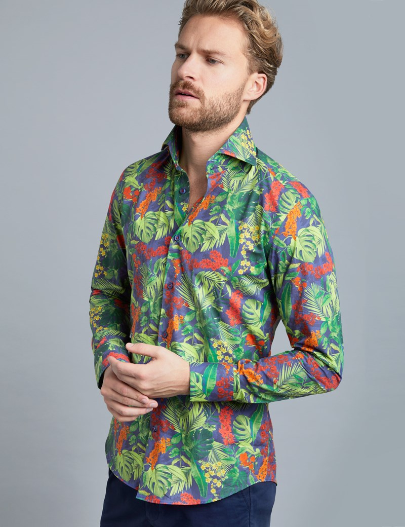 Men's Curtis Blue & Green Tropical Print Slim Fit Shirt - High Collar ...
