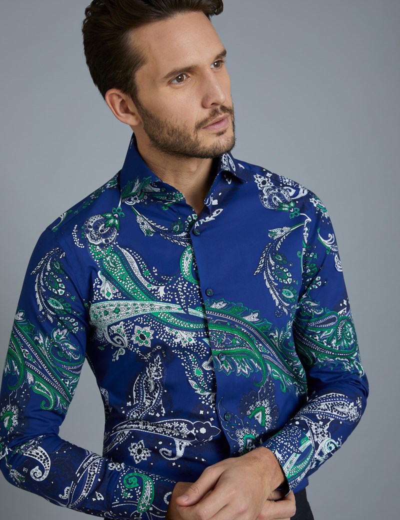 Men's Curtis Blue & Green Paisley Print Slim Fit Shirt - High Collar ...