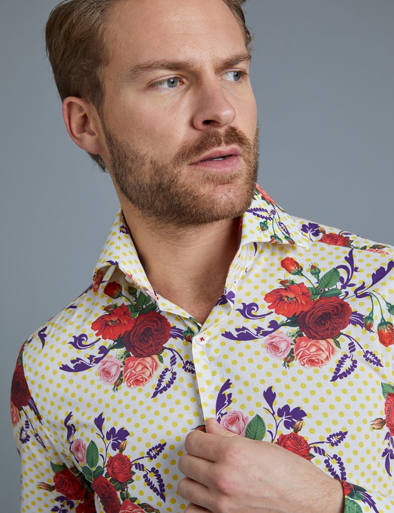 Men's Curtis Yellow & Red Floral Spot Print Slim Fit Shirt - High Collar - Single Cuff | Hawes 