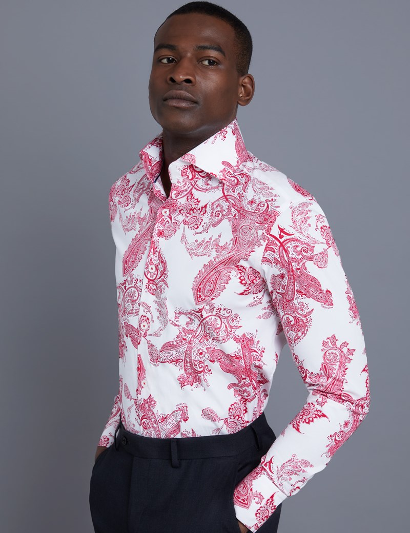 Men's Curtis White & Red Paisley Slim Fit Shirt - High Collar - Single ...