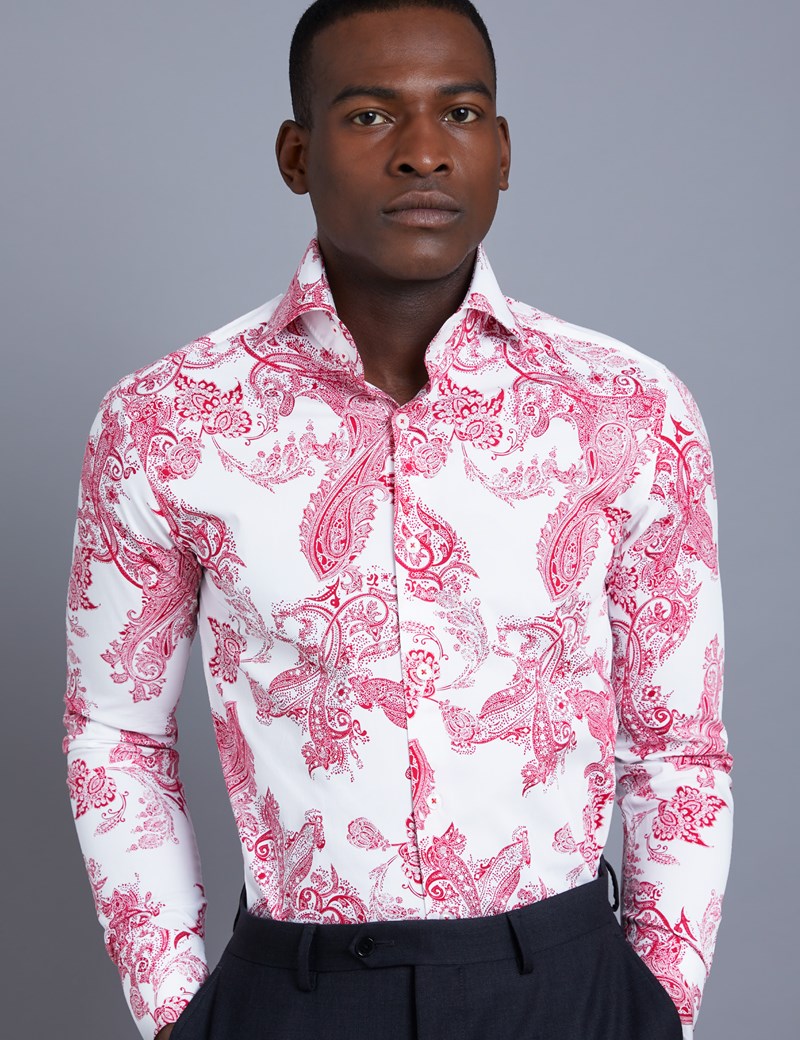 Men's Curtis White & Red Paisley Slim Fit Shirt - High Collar - Single 