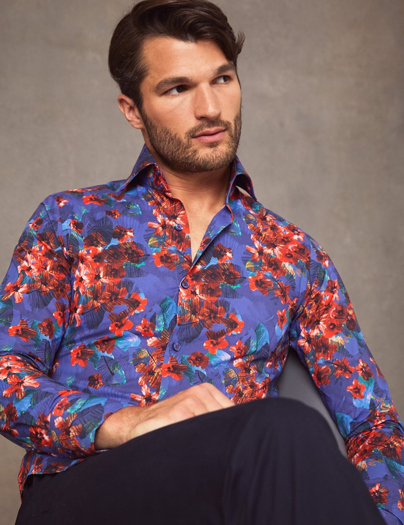 Men's Curtis Blue & Red Floral Print Slim Fit Shirt - High Collar ...
