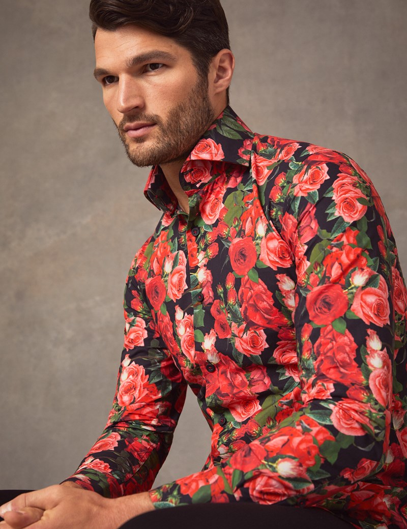 Men's Curtis Black & Red Roses Print Slim Fit Shirt - High Collar ...