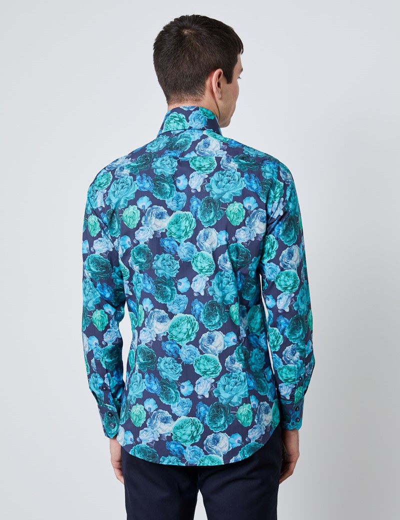 Men's Curtis Dark Turquoise Floral Slim Fit Shirt - High Collar ...