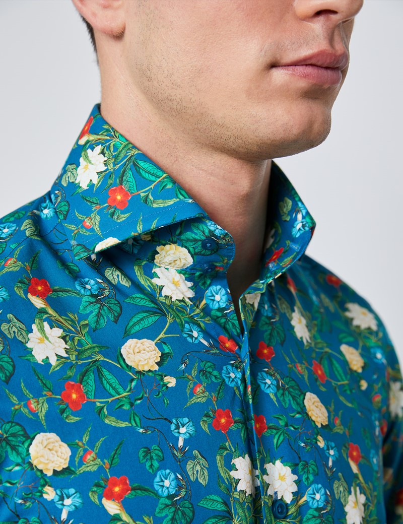 Men's Curtis Turquoise Oriental Floral Slim Fit Shirt - High Collar ...