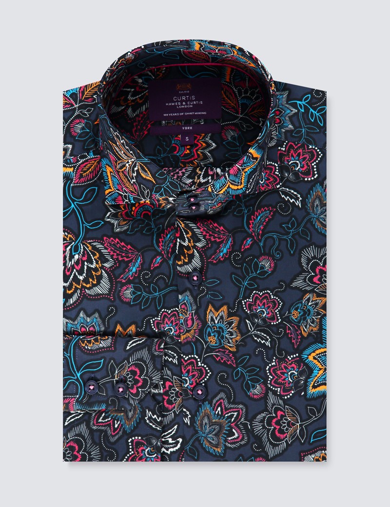 Men's Curtis Navy & Fuchsia Floral Slim Fit Shirt - High Collar ...