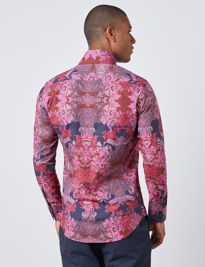 Men's Curtis Burgundy & Navy Paisley Slim Fit Shirt - High Collar ...