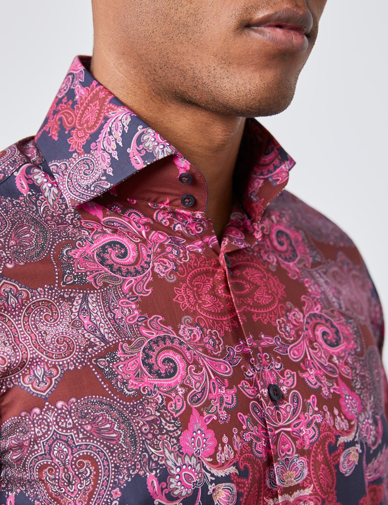 Men's Curtis Burgundy & Navy Paisley Slim Fit Shirt - High Collar ...