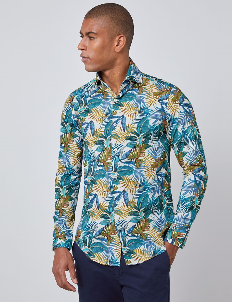 Men's Curtis Cream & Blue Tropical Vintage Leaves Print Slim Fit Shirt ...