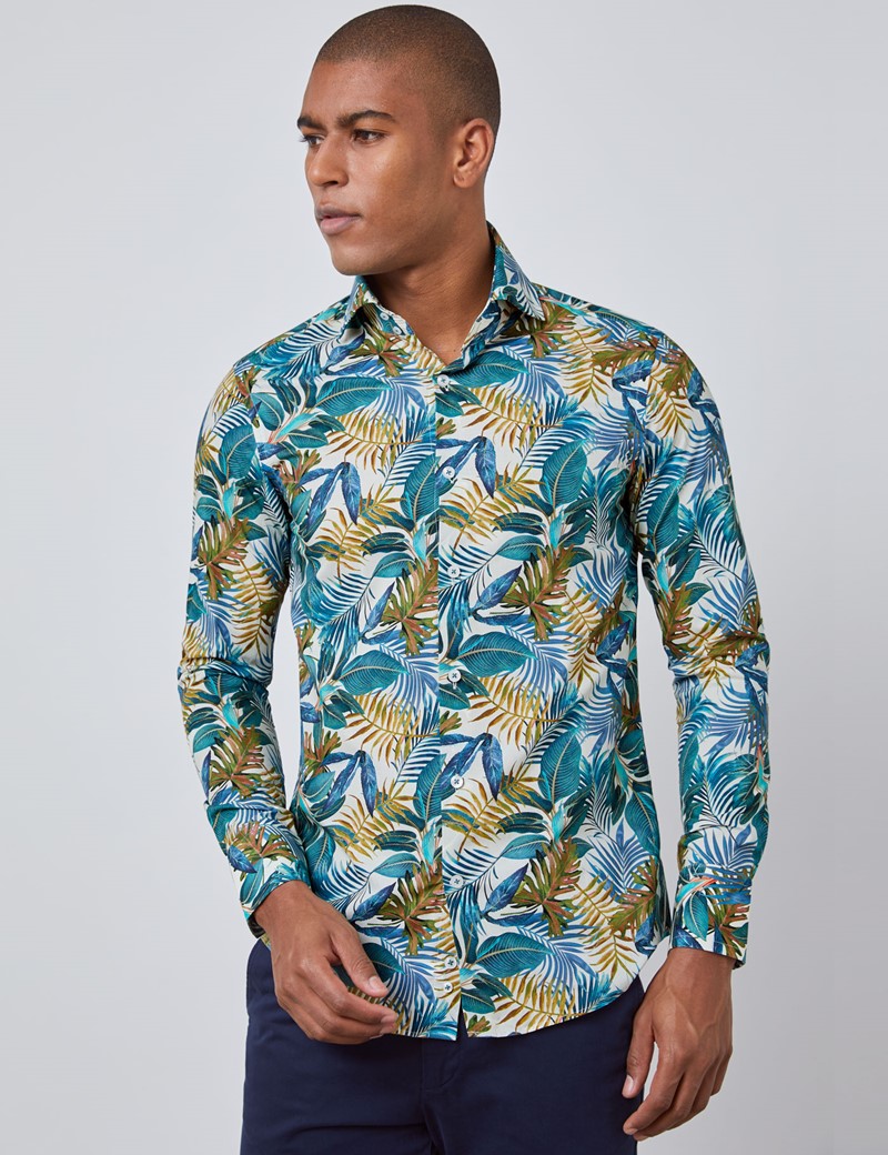 Men's Curtis Cream & Blue Tropical Vintage Leaves Print Slim Fit Shirt ...