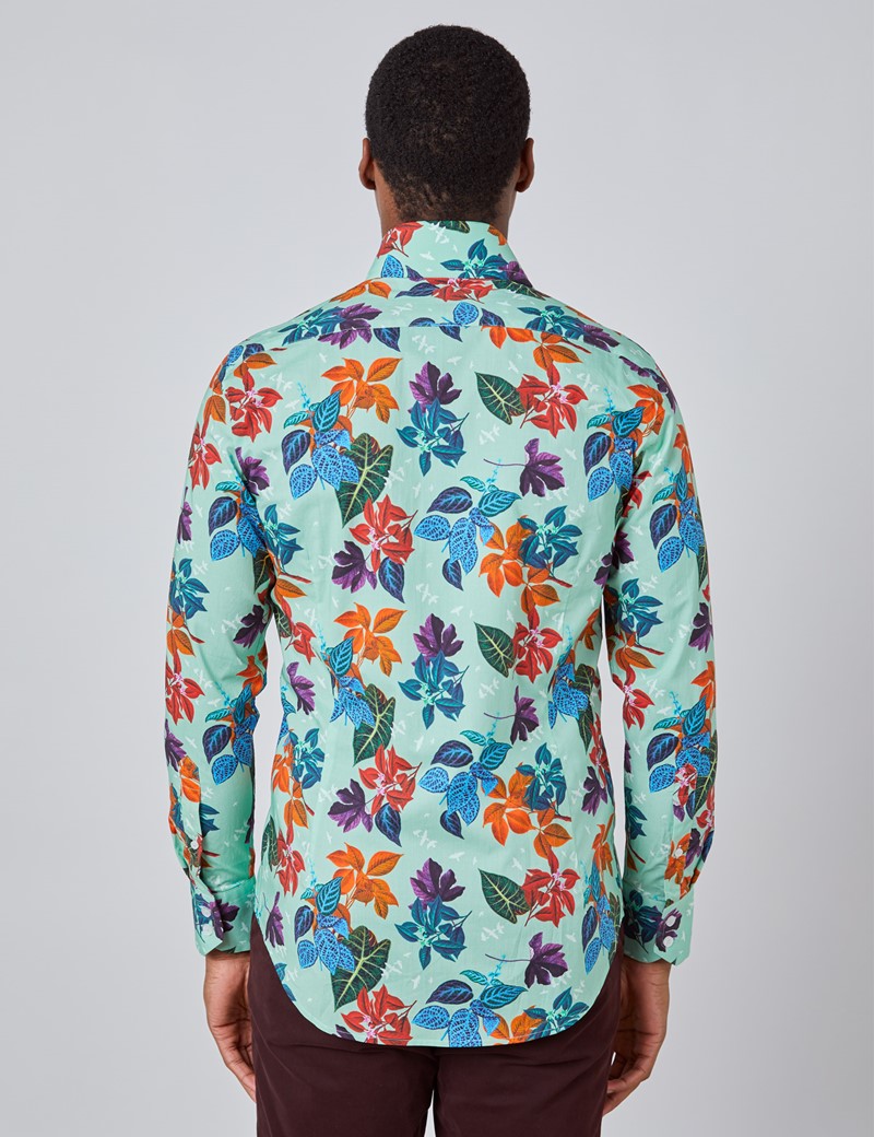 Floral Printed Slim Fit Shirt with Single Cuff in Mint Green & Blue