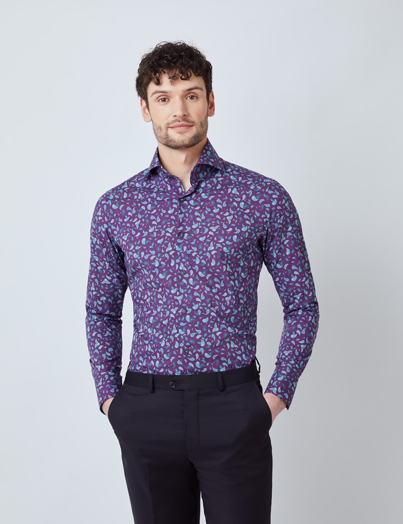 Men's Curtis Purple & Turquoise Mini Paisley Relaxed Slim Fit Shirt - High Collar