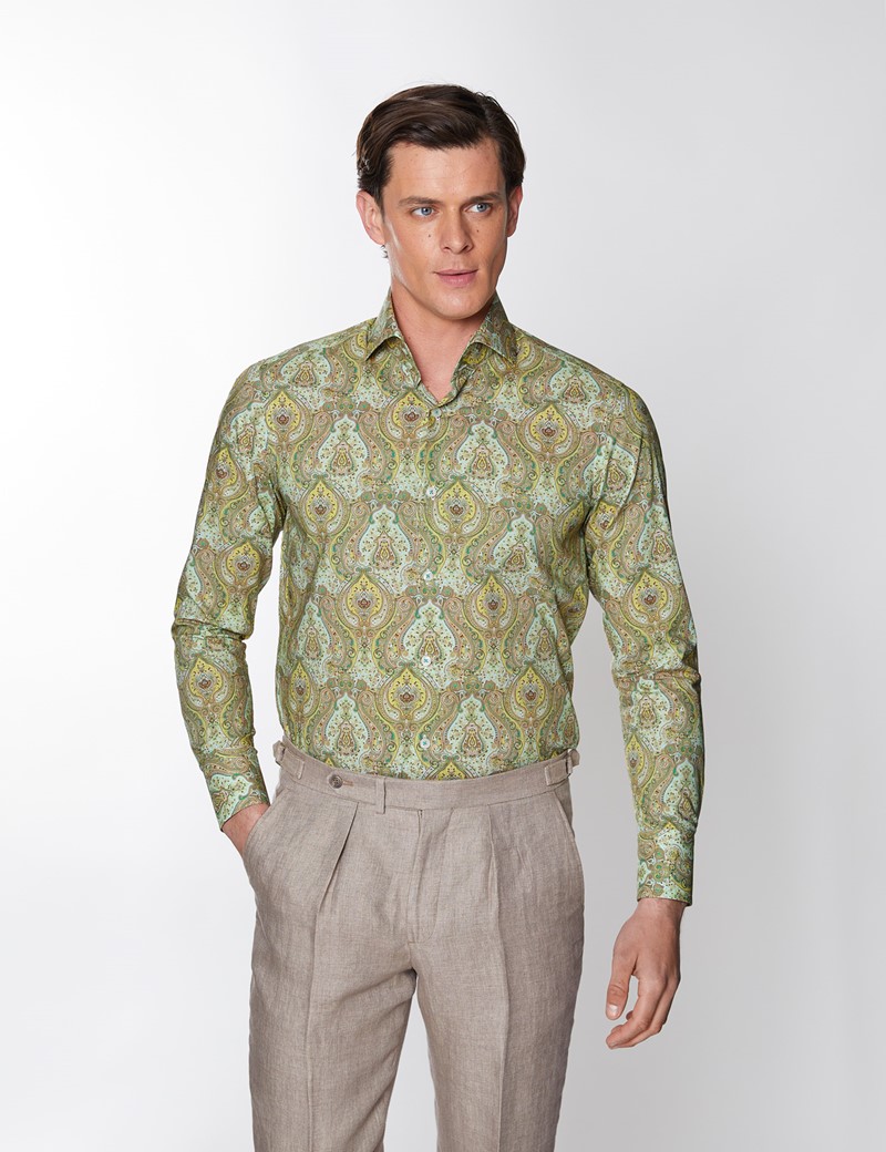 Men's Curtis Yellow & Green Rustic Paisley Relaxed Slim Fit Shirt - High Collar