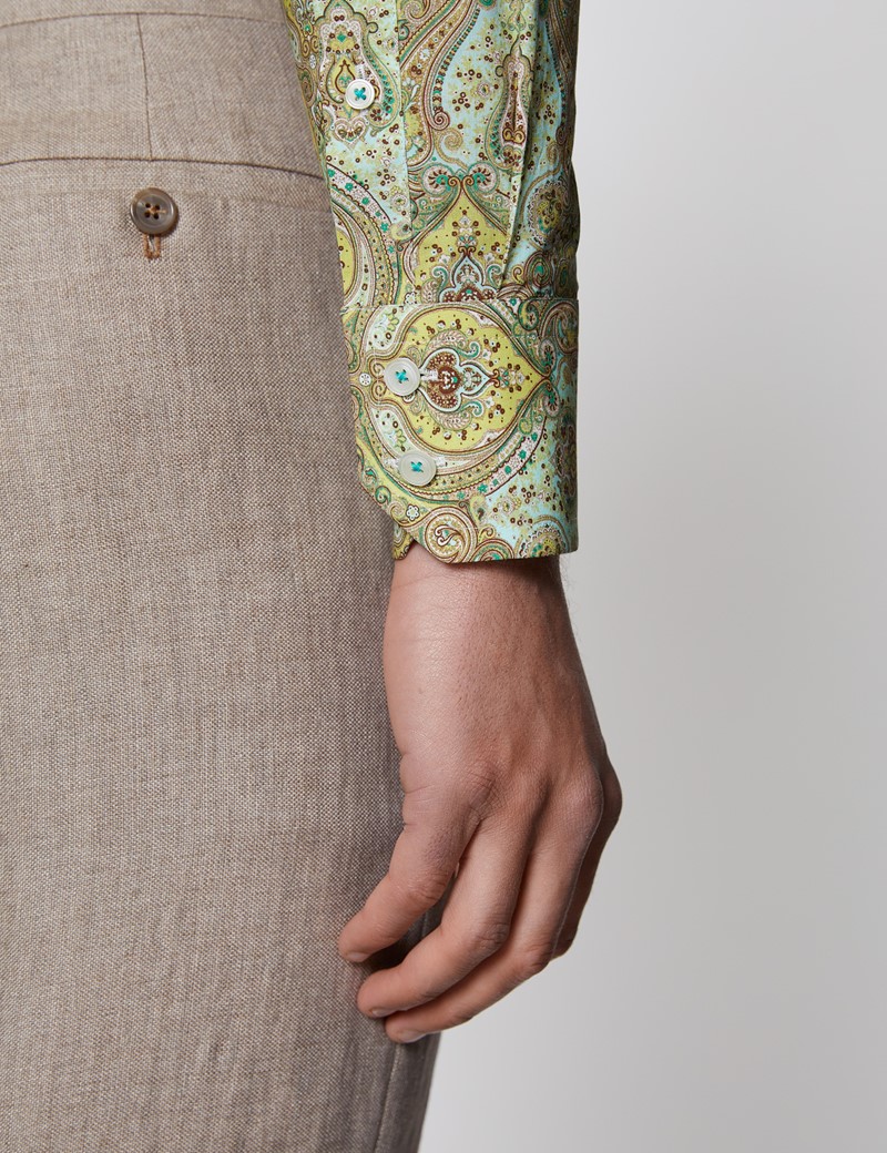Men's Curtis Yellow & Green Rustic Paisley Relaxed Slim Fit Shirt - High Collar