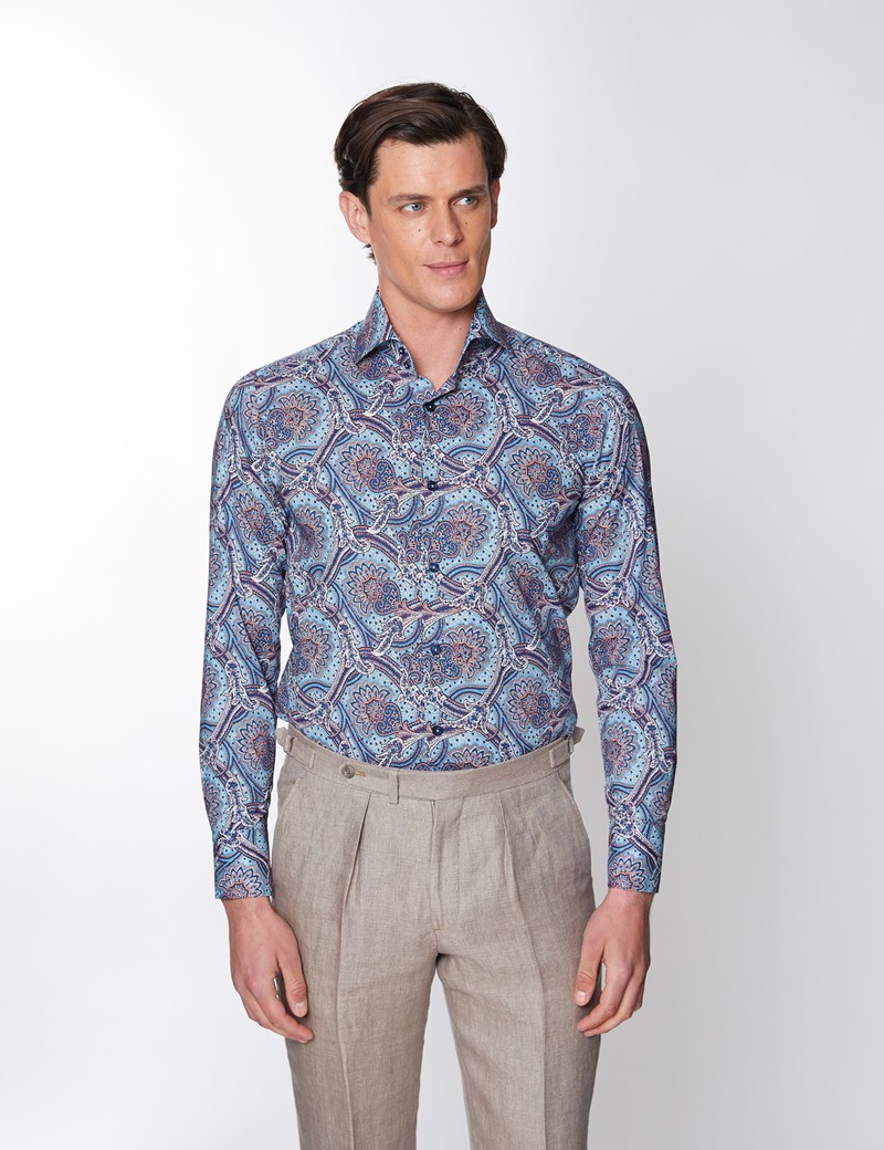 Men's Curtis Blue & Brown Paisley Poplin Slim Fit Shirt - High Collar 