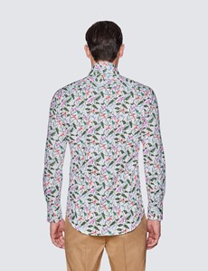 Men's Curtis White & Green Lizard Print Cotton Stretch Shirt - High Collar