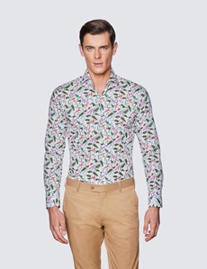 Men's Curtis White & Green Lizard Print Cotton Stretch Shirt - High Collar