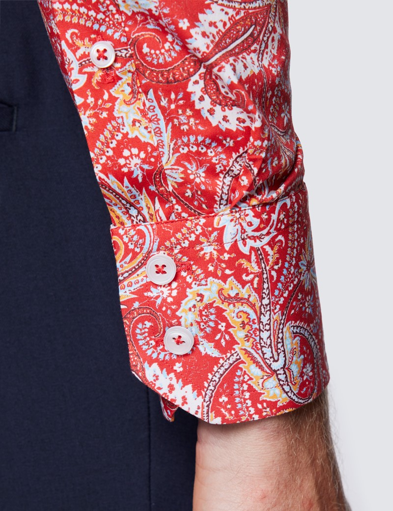 Men’s Curtis Red & Blue Paisley Print Stretch Slim Fit Shirt - High Collar