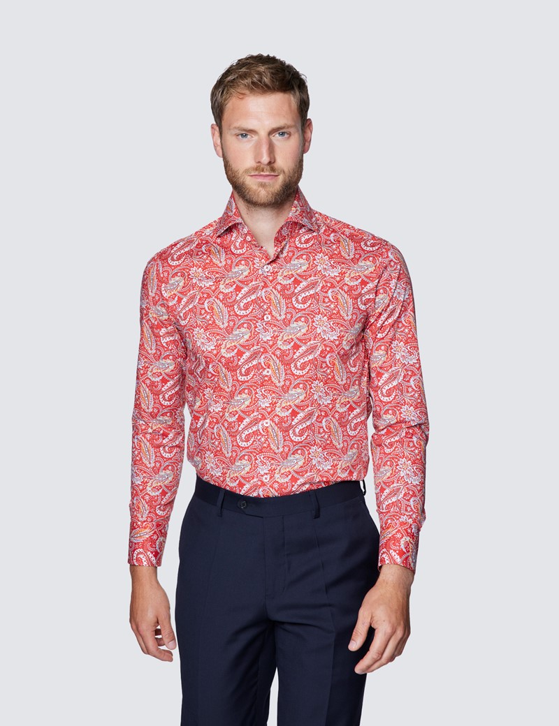 Men’s Curtis Red & Blue Paisley Print Stretch Slim Fit Shirt - High Collar