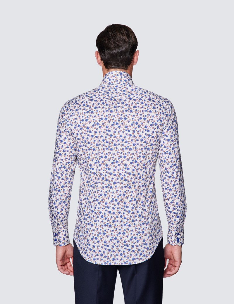 Men’s Curtis Cream and Blue Floral Print Cotton Stretch Shirt - High Collar