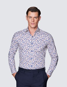 Men’s Curtis Cream and Blue Floral Print Cotton Stretch Shirt - High Collar