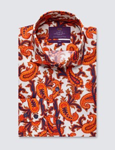 Men’s Cream & Orange Paisley Slim Fit Shirt - High Collar