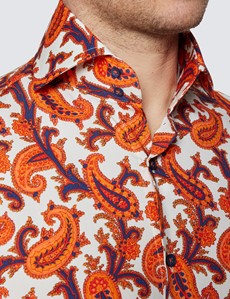 Men’s Cream & Orange Paisley Slim Fit Shirt - High Collar