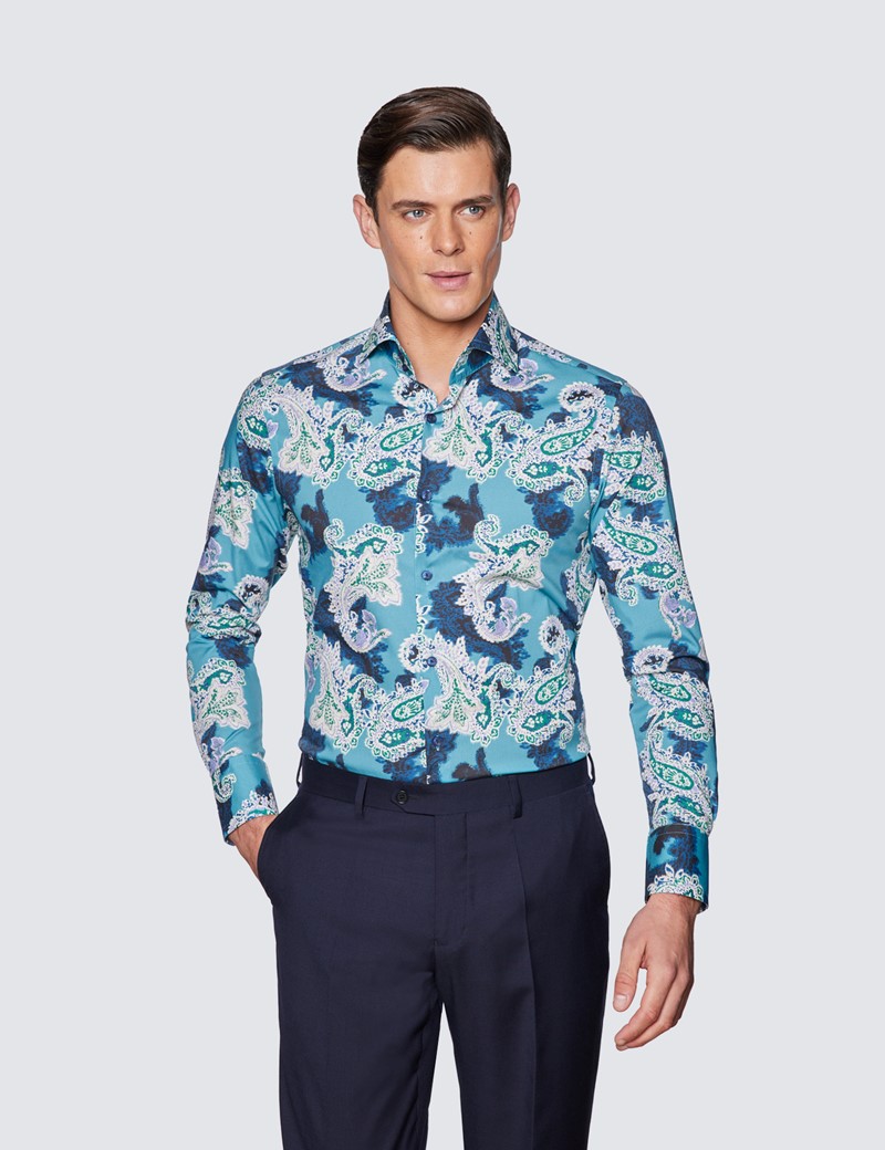 Men's Curtis Blue & Purple Paisley Print Cotton Stretch Shirt - High Collar
