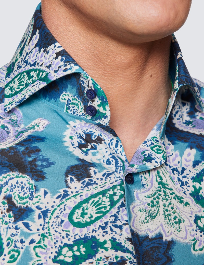 Men's Curtis Blue & Purple Paisley Print Cotton Stretch Shirt - High Collar