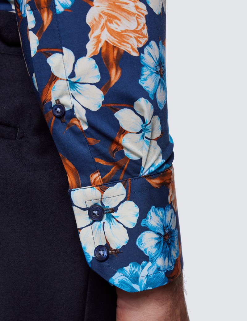 Men's Curtis Navy & Blue Floral Print Cotton Stretch Shirt - High Collar