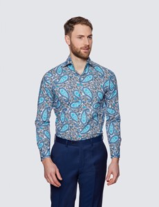 Curtis White & Black Paisley Print Cotton Stretch Relaxed Slim Fit Shirt - High Collar
